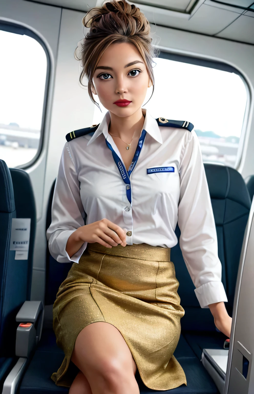 view from above, (wide shot:1.5), (full figure:1.5), 1 girl, (solo:1.5), (sit on a chair with your legs wide apart:1.5),  ((((From the side, you can see the view outside the window and the airport. The customer seats are arranged in a row behind the flight attendant seats. The bright lights shine inside the plane))), The background of the interior of the aircraft being prepared, the woman is sitting in the flight attendant seat and preparing for takeoff. Her outfit is a pretty flight attendant. she unbuttons her white shirt and reveals a bra. she wears a skirt, upskirt with pantyhose and white panties. His body is wet with sweat. Her skin looks smooth, she has taken an aphrodisiac, and her whole body is sweaty and flushed, and she is spreading her legs to cool off. Her legs are lifted, (ahegao:1.2), (head back:1.2)