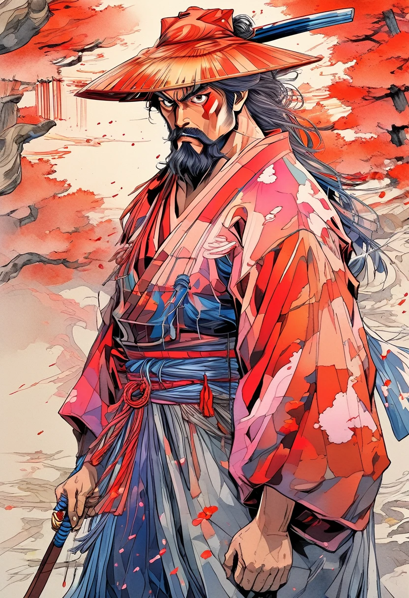 (Highest quality:0.8), (Highest quality:0.8), Perfect illustration((masterpiece, Highest quality))Kenshin Ayamura (battousai),Portraiture,Highly detailed eyes and face,Historical Samurai,Peaceful Expressions,Flowing red hair,A look of determination,Traditional clothing of Japan,Traditional swords,Beautiful cherry blossom background,Drawn in a dynamic pose,Soft indirect lighting,Vibrant colors, X on face, X mark on left cheek, X on face is dark, X on face is big