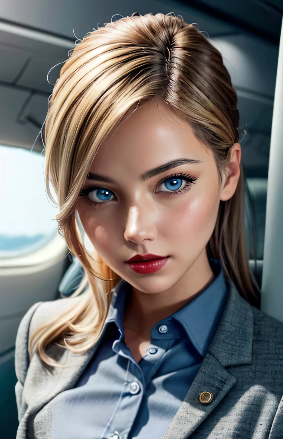 High resolution, masterpiece, Perfect lighting, bloom, Cinema Lighting, Adult, Perfect Skin, woman, (looking at the camera:1.6), Realistic skin,Realistic, (photoRealistic:1.3), woman, Soft Light, Perfect Face, Ray Tracing,Highly detailed CG, High Quality Shadows, a Realistic representation of the face, Beautiful and delicate face down to the last detail, Beautiful and delicate eyes, Highly detailed skin texture, Sunburn,
Big light eyes, thin, slim, Tinkerbell,
eyeliner, Red lips, 
Beautiful Eyes,
Dressed, skirt,
(Flight attendant uniform), 
airport,
 