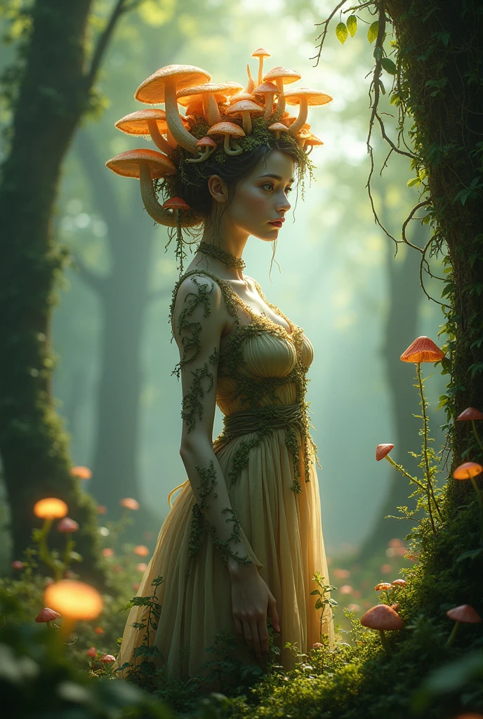 hyper photorealistic, Cute fairy, Under Big Flowers and Mushrooms, (18 years), (Detailed face and eyes), full-length portrait, (extremely sexy), Masterpiece, pleasure, nudist, expression enjoyment, adult body, Celestial landscape with clouds, macro lens, Tilt and pan effects, Cinematic lighting, Short hair, little smile, fine facial traits, slim physique, (Depth of field), Ultra Detailed, Amazing shadows, Sunset, spot lighting, poorly lit, Fireflies, blurred background