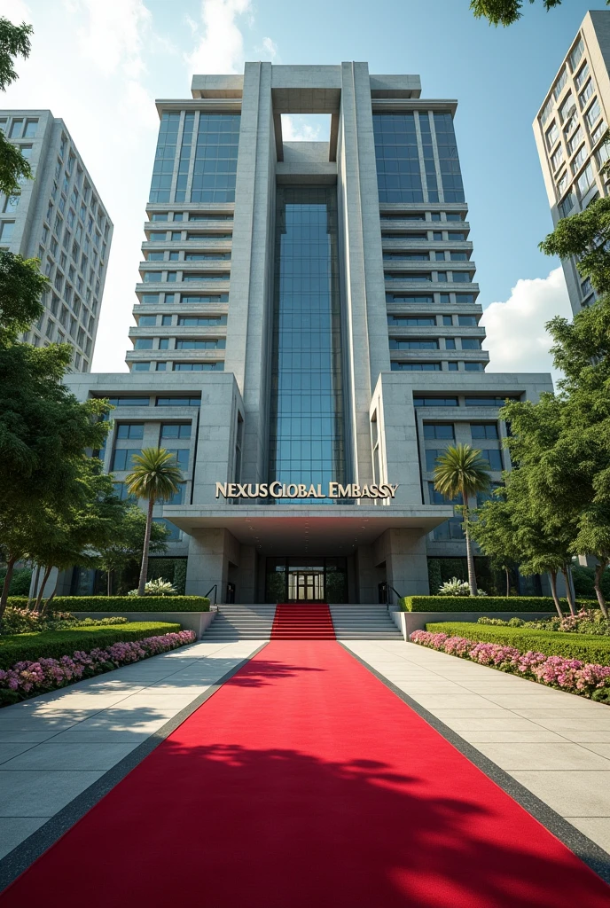 An image of a Corporate embassy put the words Nexus Global Embassy I want it to have the words Nexus Global Embassy on a concrete.The building has its own compound that is extremely developed with grass, trees and flowers Singaporean architecture expose the words Nexus Embassy with red carpets covering the whole entrance