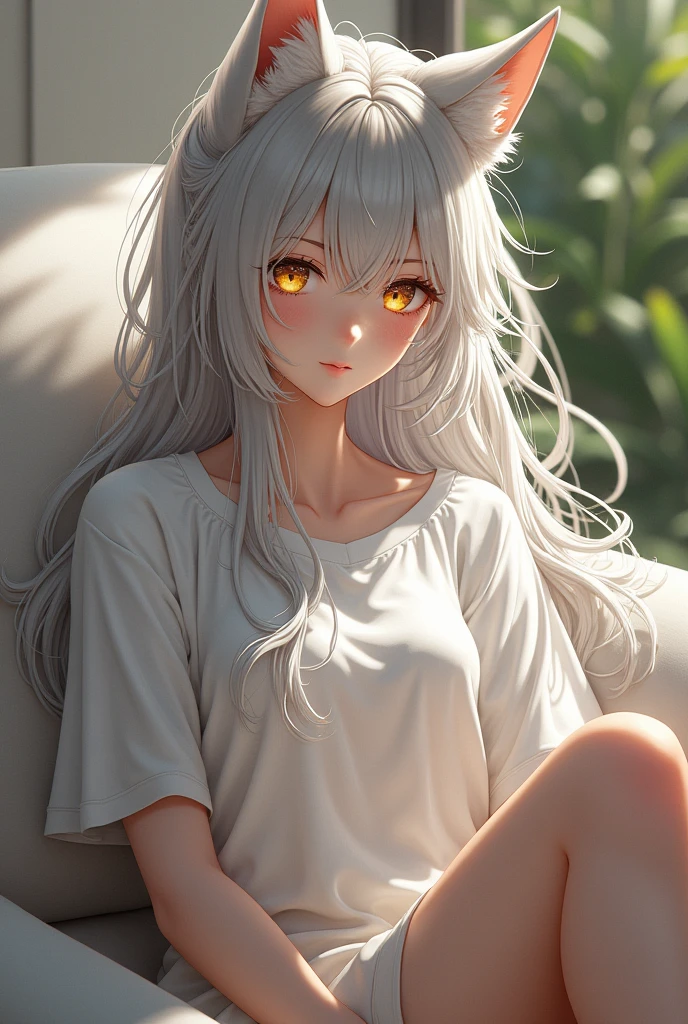 Demi-Human, wolf, female, Long silver hair is a little messy, Gold eyes, anime, white skin, white t-shirt, Clothes are loose, sit on the couch, ages 25