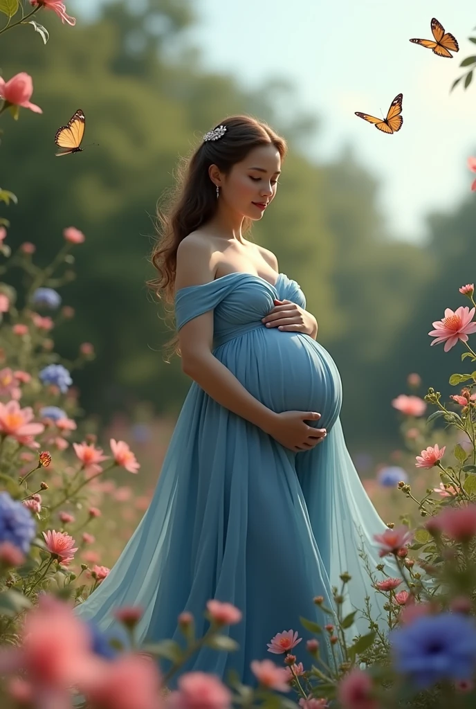 pregnant woman in a blue gown surrounded by flowers and butterflies, a colorized photo by Elena Guro, trending on cg society, conceptual art, blue and pink colors, blue and pink color scheme, blue and pink, maternal photography 4 k, pastel blues and pinks, pink and blue colors, pink and blue colour, blue and pink colour splash, pink and blue