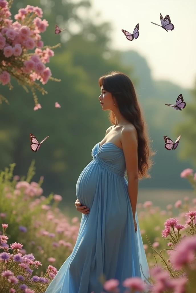 pregnant woman in a blue gown surrounded by flowers and butterflies, a colorized photo by Elena Guro, trending on cg society, conceptual art, blue and pink colors, blue and pink color scheme, blue and pink, maternal photography 4 k, pastel blues and pinks, pink and blue colors, pink and blue colour, blue and pink colour splash, pink and blue