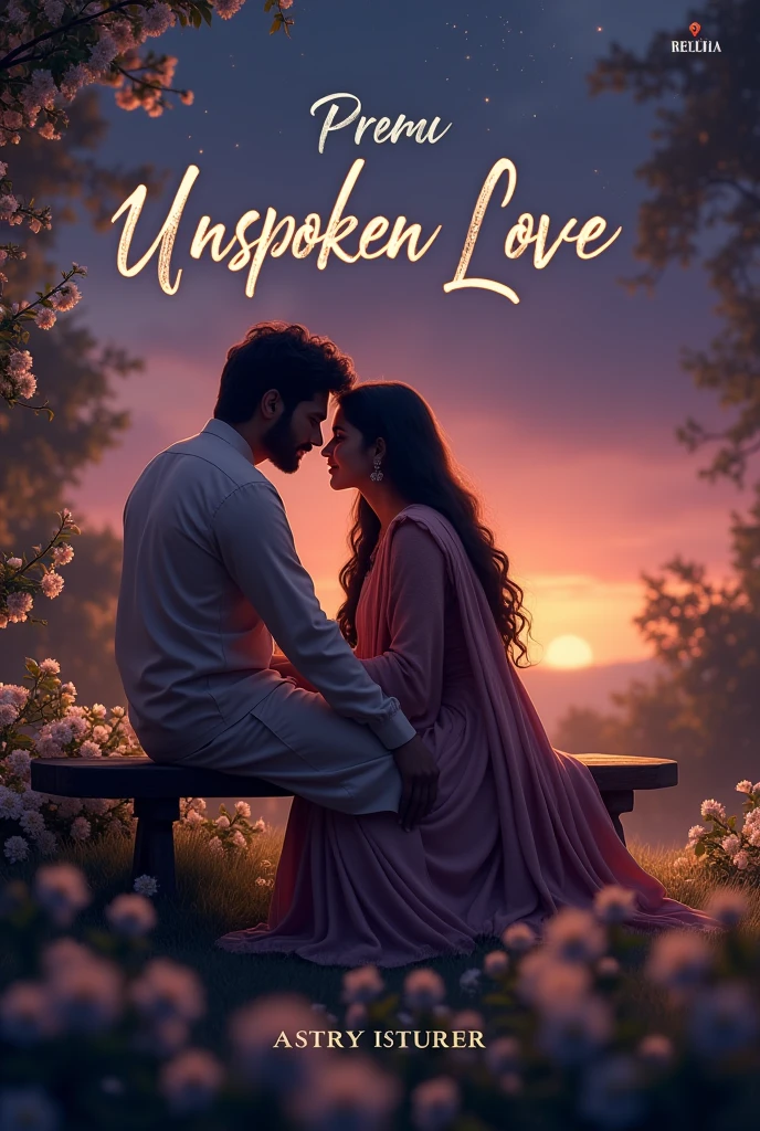 Create a breathtaking and highly realistic 4K cinematic book cover for the le "Unspoken Love." The scene unfolds in a serene, twilight garden setting, bathed in the soft, golden glow of blooming jasmine flowers. The light is warm and tender, casting gentle shadows across the landscape. In the foreground, a South Asian couple sits closely on a rustic wooden bench. The woman, Maheer, is dressed in a simple yet elegant sari, her long hair flowing gently over her shoulder. She leans her head softly against the man, Prem, who is clad in a traditional kurta. Prem gazes down at Maheer with an expression of deep, unspoken love, his arm wrapped around her protectively.
Maheer’s eyes are closed in peaceful contentment, capturing a moment of pure connection between them. The background of the scene is filled with soft, twig stars that dot a rich purple-blue sky, symbolizing their enduring love and the magic of their bond. The garden itself is lush, with the delicate jasmine flowers enhancing the romantic atmosphere.
The title "Uoken Love" is written in an elegant, flowing script at the top of the cover, perfectly balanced and harmonizing with the overall design. Beneath the title, in aaller, delicate font, is the author’s name, ensuring the focus remains on the intimate moment captured between the characters. The overall tone should evoke a sense of deep emotion and serenity, creating a visual representation of the characters' profound and tender connection.