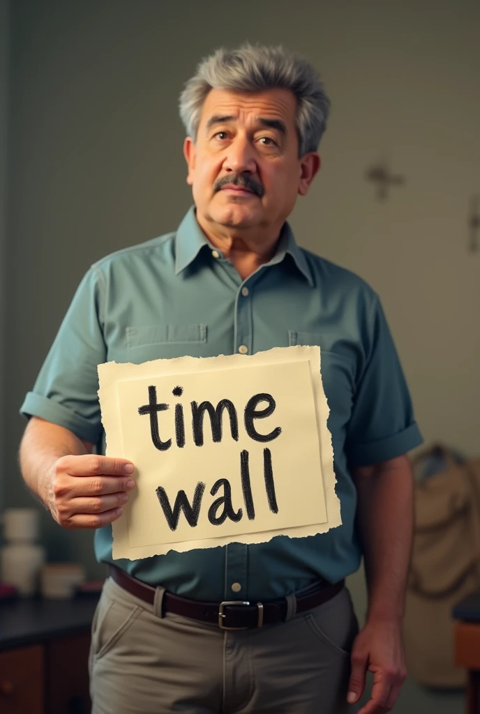 Generate a simple and looking like a real image of a man holding paper in his hand on which time wall is written 