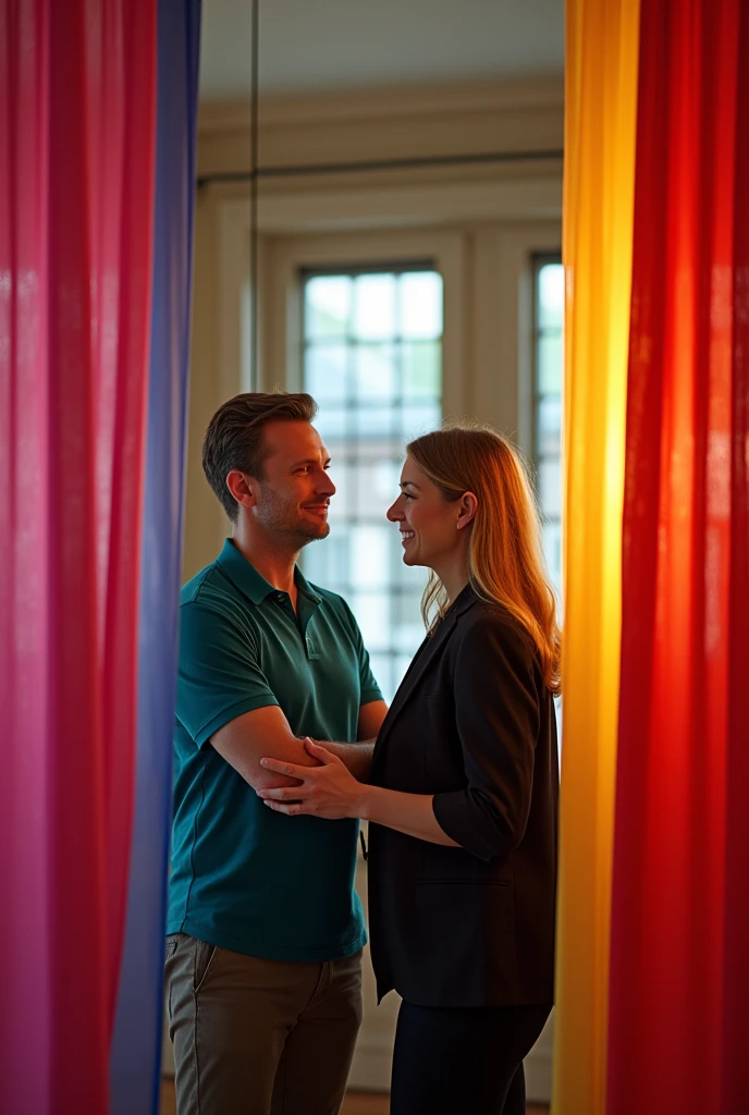 "Create an image that represents the 'Color Testing and Case Studies' module of a personal color consulting course. The central scene should show a personal color consultant performing a color test on a client., using colorful drapes in varying tones around the client's face. The consultant, professional and safe, is in a well-lit and elegant environment, with large mirrors, coloring tools and an organized color palette in the background. in the environment, screens or boards display case studies, presenting before and after results from previous clients, highlighting how the right colors transform appearance. The client in the image may initially appear uncertain., but as the test progresses, your expression should change to one of confidence and satisfaction, reflecting the positive impact of the process. The consultant é retratada como experiente e precisa, Conveying trust and credibility. The image should capture the importance of the practice, accuracy and reliability in the color testing process, showing how these skills are fundamental to a successful personal color consultant."