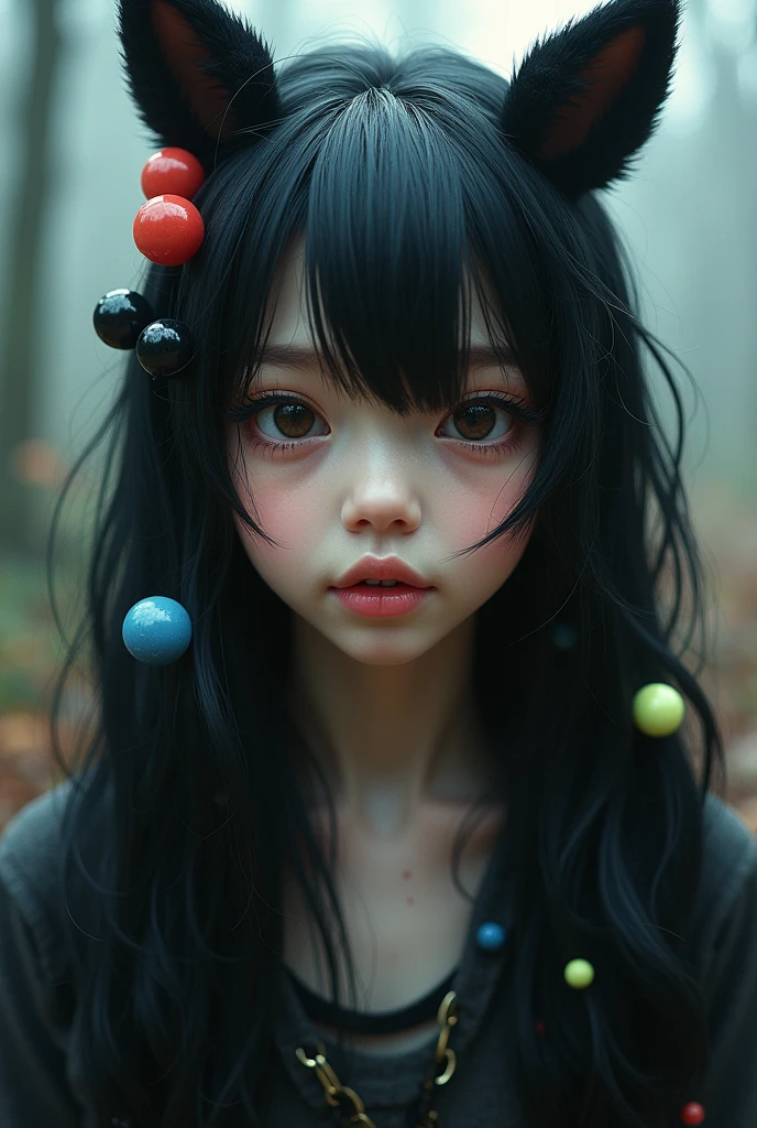 black hair, hair bobbles, wince, longeyelashes, solid circle eyes, fake animal ears, light smile, ear blush, fang, ccurate, Surrealism, drop shadow, anaglyph, stereogram, tachi-e, pov, atmospheric perspective, 8k, super detail, best quality