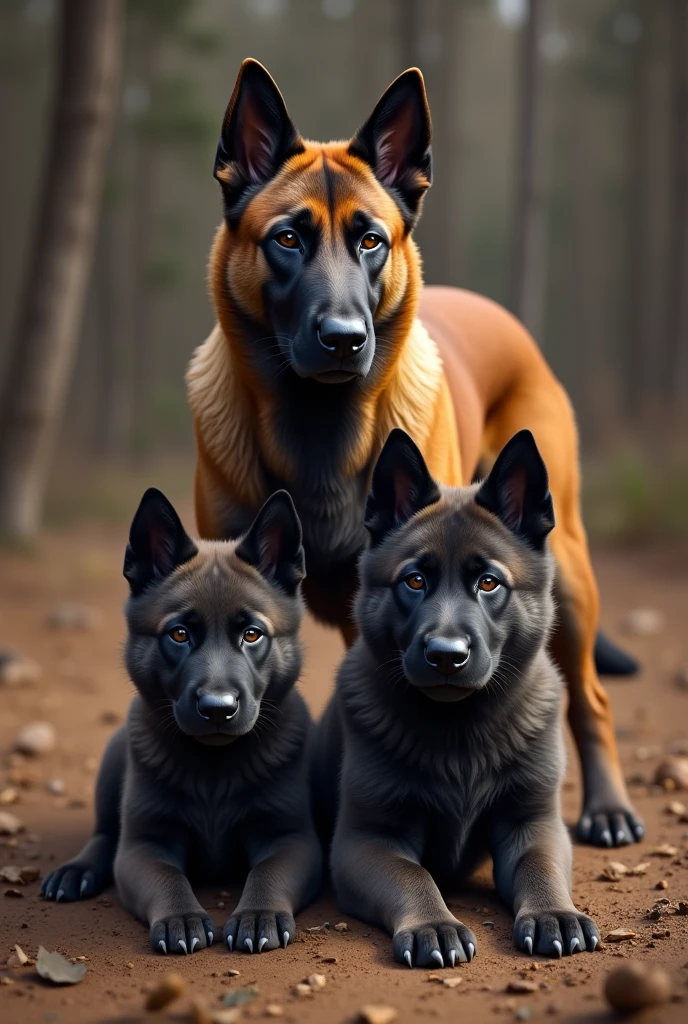 1 mother brown Belgian malinois ang 2 big puppy 1 bigger puppy dark gray angry
