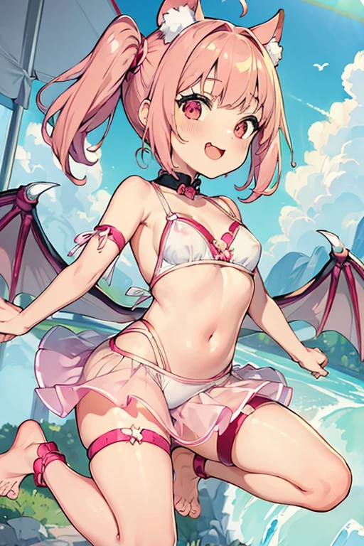 (masterpiece,best quality,ultra-detailed), an anime girl who is a playfully and sweet succubus. She has candy pink m-shaped bangs short hair with twin ponytails, ruby round eyes, fruit bat ears and wings, wearing an attire, barefoot, ankle straps, flying in a playful pose, smile playfully, looking at viewer