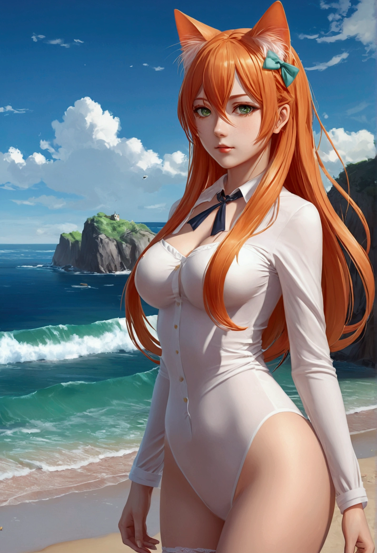 anime girl with long orange hair standing on beach near ocean, green eyes detailed digital anime art, cat ears, , anime girl with long hair, smooth anime cg art, anime girl with long hair, average breast size, digital anime art, artwork in the style of guweiz, beautiful anime portrait, photorealistic anime girl render, beautiful anime girl, advanced digital anime art, pantyhose, guweiz on artstation pixiv upscale HD UHD HQ
