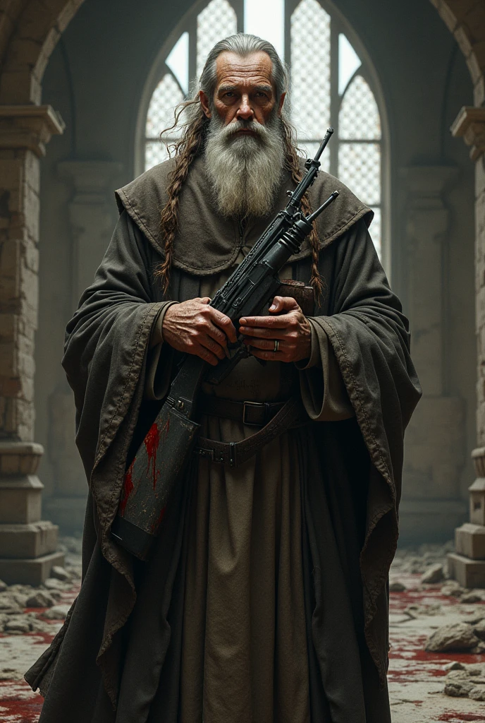 An old church father with a ponytail drenched in blood while holding a thompson drum mag