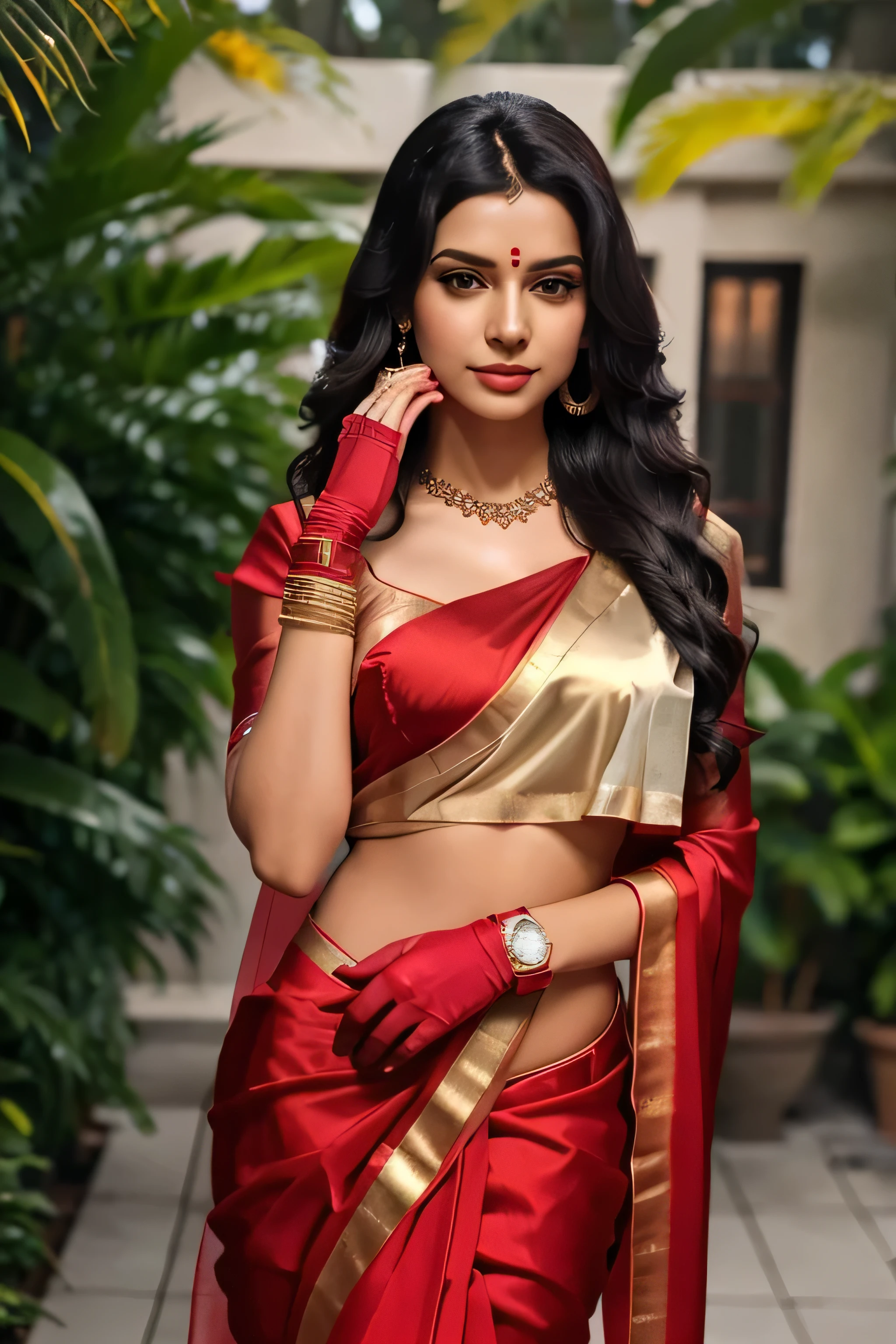 Satin red Saree, 1girl, solo, long hair, black hair, must be wearing black gloves inside the blouse, wearing full sleeve blouse on top of gloves, white rolex watch on left hand, traditional, dab jewelry, earrings, outdoors, looking straight, Red saree, realistic, saree must be draped