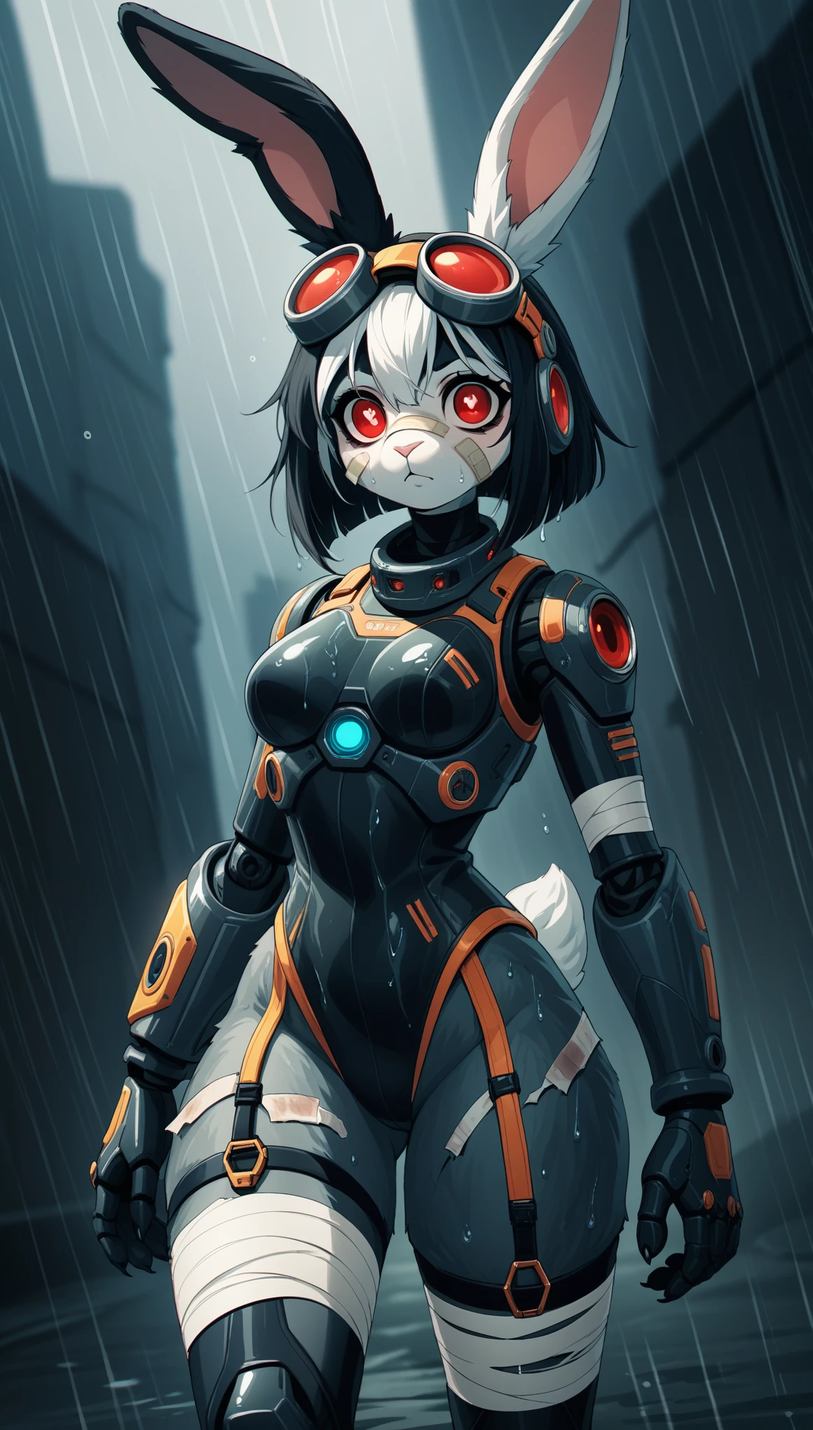 score_9, score_8_up, score_7_up, score_6_up, score_5_up, score_4_up, BREAK source_anime, source_anthro, [rating_safe], rating_explicit,

1girl, furry female, bunny, bunny ears, solo, rain weather, wet surface, damaged body, liquids, detailed face, white hair, black hair fringe, red eyes, (solid pupils), googles, (face bandage:1.3), tech suit, thicc thighs, garter straps, futuristic armor, visually stunning, chromatic aberration