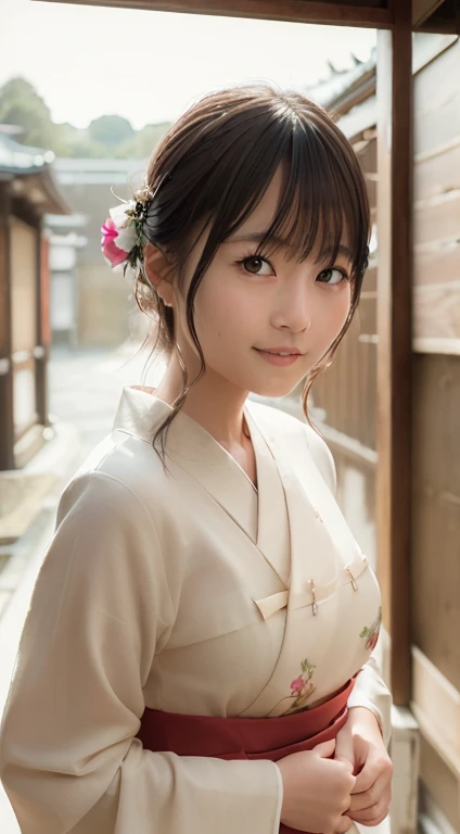 Professional Lighting,(Photorealistic:1.4), (Top image quality:1.0), (超A high resolution:1.0), 8k, Raw photography, (masterpiece:0.2), (Facing the children_v1:0.5)、(highest quality Detail:1.2)、Realistic、8k Ultra HD、High resolution、(1 girl:1.2)、Super detailed、High quality textures、Complex details、detailed、Very detailed CG、High quality shadows、detailed Beautiful and delicate face、Beautiful details and a delicate eye、(Symmetrical eyes:1.2),Written boundary depth、Ray Tracing,1 girl, Japanese Girls, (Natural smile:1.4),cute, thin, Portrait of a beautiful Japanese woman in a kimono, Standing elegantly on a street corner in Kyoto. Kimono with vibrant traditional patterns, Hair decorated with elegant and delicate hairpins, Gentle expression. (With the old streets of Kyoto in the background:1.4)、The soft light of a spring afternoon、Adding tranquility to the scene. Rendered in a Realistic style with great attention to detail, High resolution images.Sky Porn, Magic Hour, (Realistic:1.3), finely, quality, (Tabletop:1.2), (Realistic:1.2), (highest quality), (Complex details), dramatic, Ray Tracing, photograph, +roller