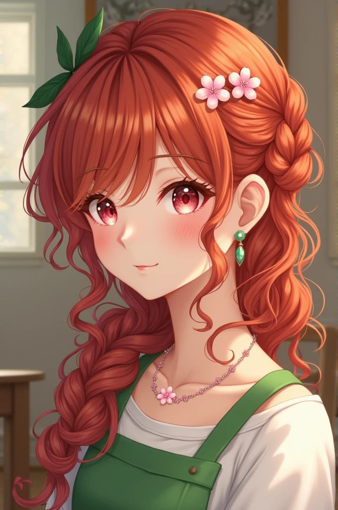 The long hair from the head to the back with a rust red hair curly hair fully tied with a braid with green ribbon,Have a bangs,Doe eyes with a pink eyes,Wearing a pink sakura necklace either earings,Wearing casual cloth like mother and have a green apron.