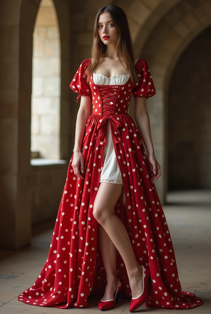 A woman with straight brown hair, blue eyes, soft and sweet skin, she is the definition of femininity and has a red dress with white polka dots, all in the style of a medieval plebeian, and wears heels and red heart-shaped lips.. De pele clara.