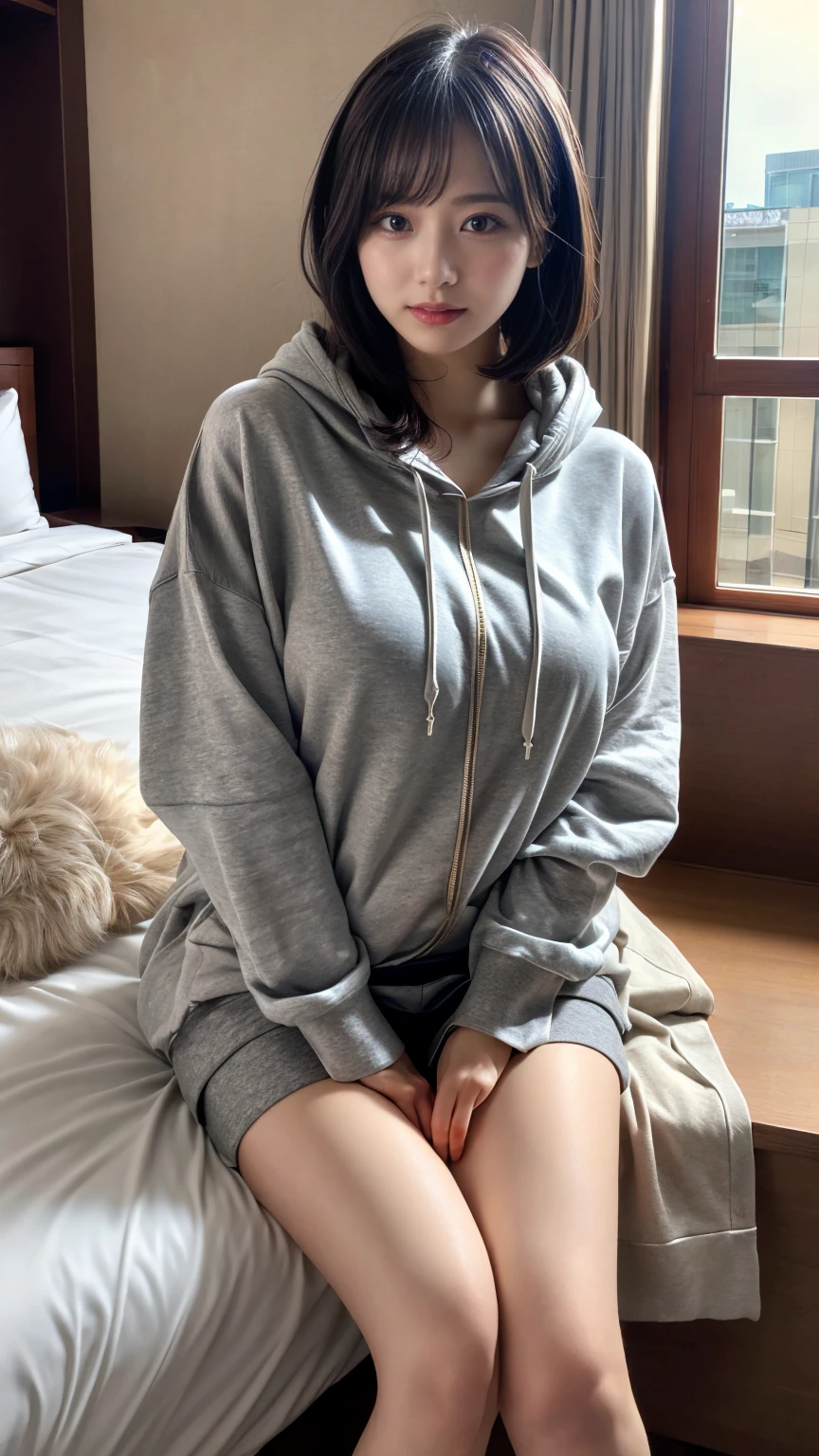 masterpiece, best quality, illustration, Super detailed, fine details, High resolution, 8K,wall paper, perfect dynamic composition,(Details High quality, realistic depiction of eyes:1.3), (Oversized Light Gray Hoodie:1.2), Erotic Shorts, big breasts, short bob hair、black hair color, Big Natural Color Lip, bold sexy pose, (perfect body shape), crying a little、Harajuku style、20 year old girl、cute type、lolita、beautiful legs, hotel room, gravure idol