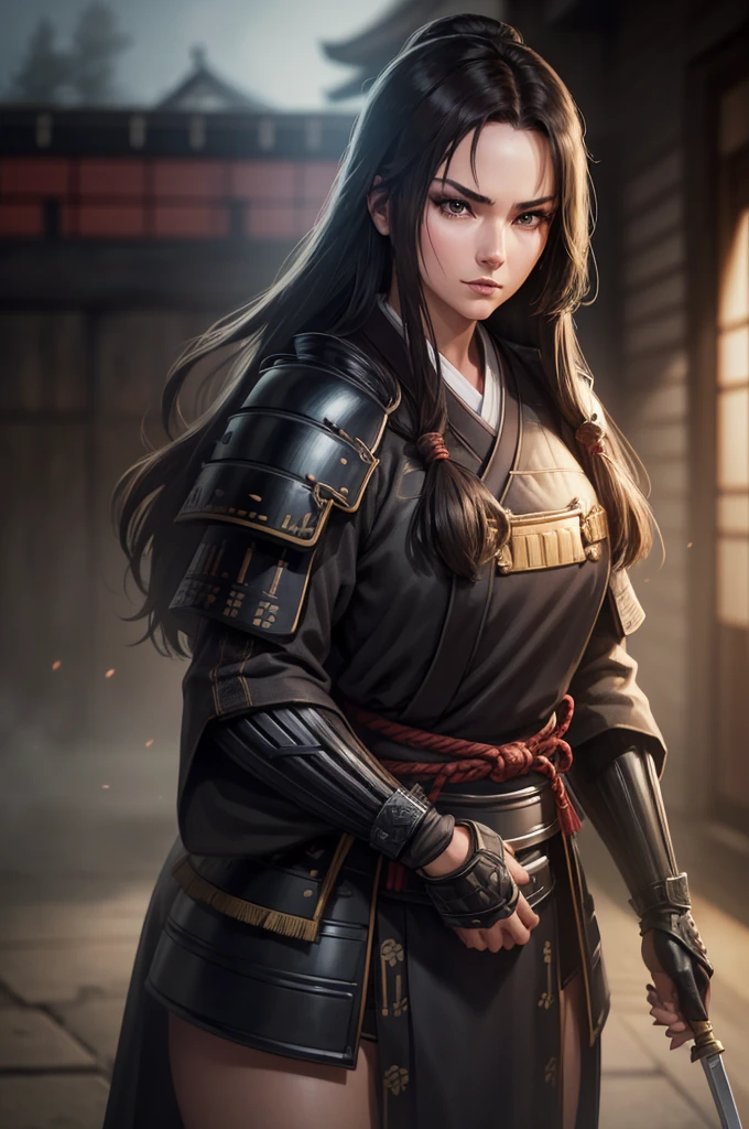wearing armor One adult female, wearing light armor, wearing black kimono, Long Hair, brown hair, black Eyes, dilated pupils, Light makeup, tite waist, full body, hair over eye, intence anger, holding  big sharpsword, Inside an old Japanese castle in the background, anime, cinematic lighting, cowboy shot, UHD, retina, masterpiece, accurate, anatomically correct, textured skin, super detail, high details, high quality, award winning, best quality, highres, 8k