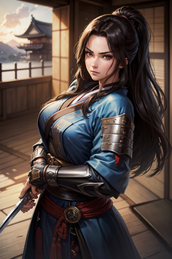 wearing armor One adult female, wearing light armor, wearing black kimono, Long Hair, brown hair, black Eyes, dilated pupils, Light makeup, tite waist, full body, hair over eye, intence anger, holding big sharpsword, Inside an old Japanese castle in the background, anime, cinematic lighting, cowboy shot, UHD, retina, masterpiece, accurate, anatomically correct, textured skin, super detail, high details, high quality, award winning, best quality, highres, 8k