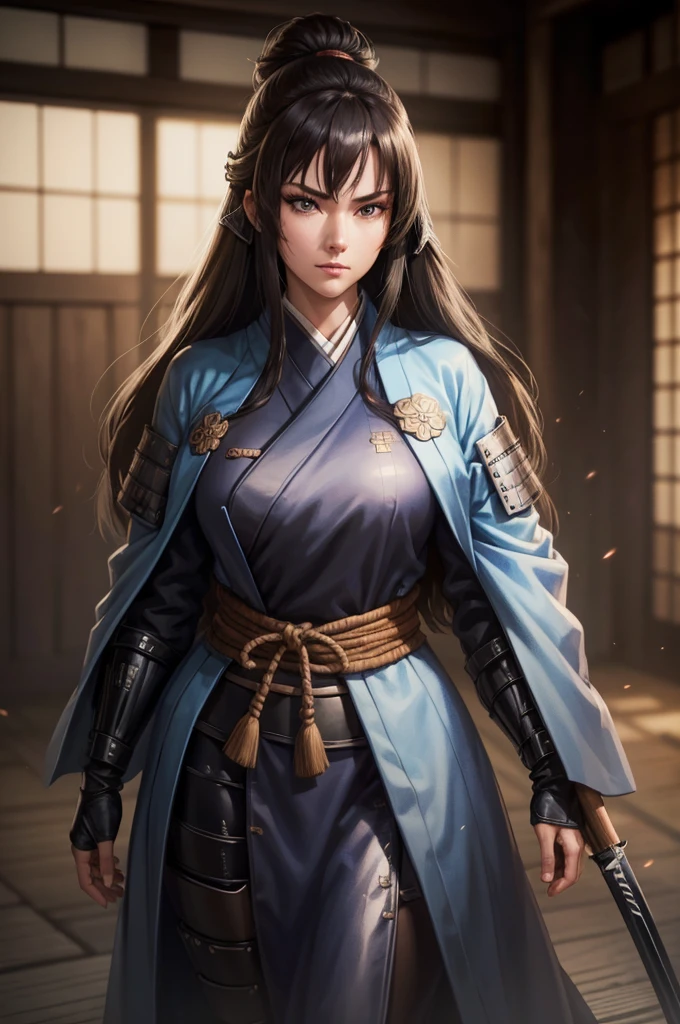 wearing armor One adult female, wearing light armor, wearing black kimono, Long Hair, brown hair, black Eyes, dilated pupils, Light makeup, tite waist, full body, hair over eye, intence anger, holding big sharpsword, Inside an old Japanese castle in the background, anime, cinematic lighting, cowboy shot, UHD, retina, masterpiece, accurate, anatomically correct, textured skin, super detail, high details, high quality, award winning, best quality, highres, 8k