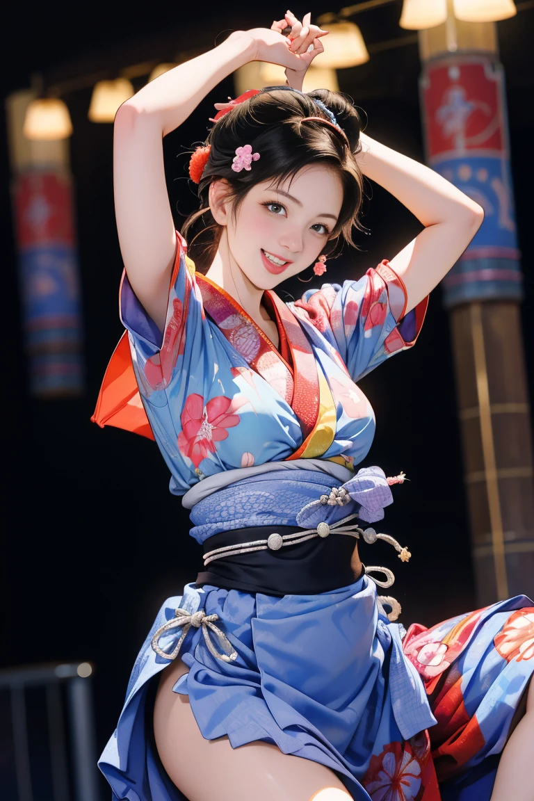 (Japan Bon Odori,最高masterpiece,Highest quality), Hot August,Bright vibrant anime art,People of all ages and genders dance and dance, Dancing in yukata,Laughing and dancing, Showing white teeth,Men and women dance in a circle, masterpiece,Highest quality,High resolution,