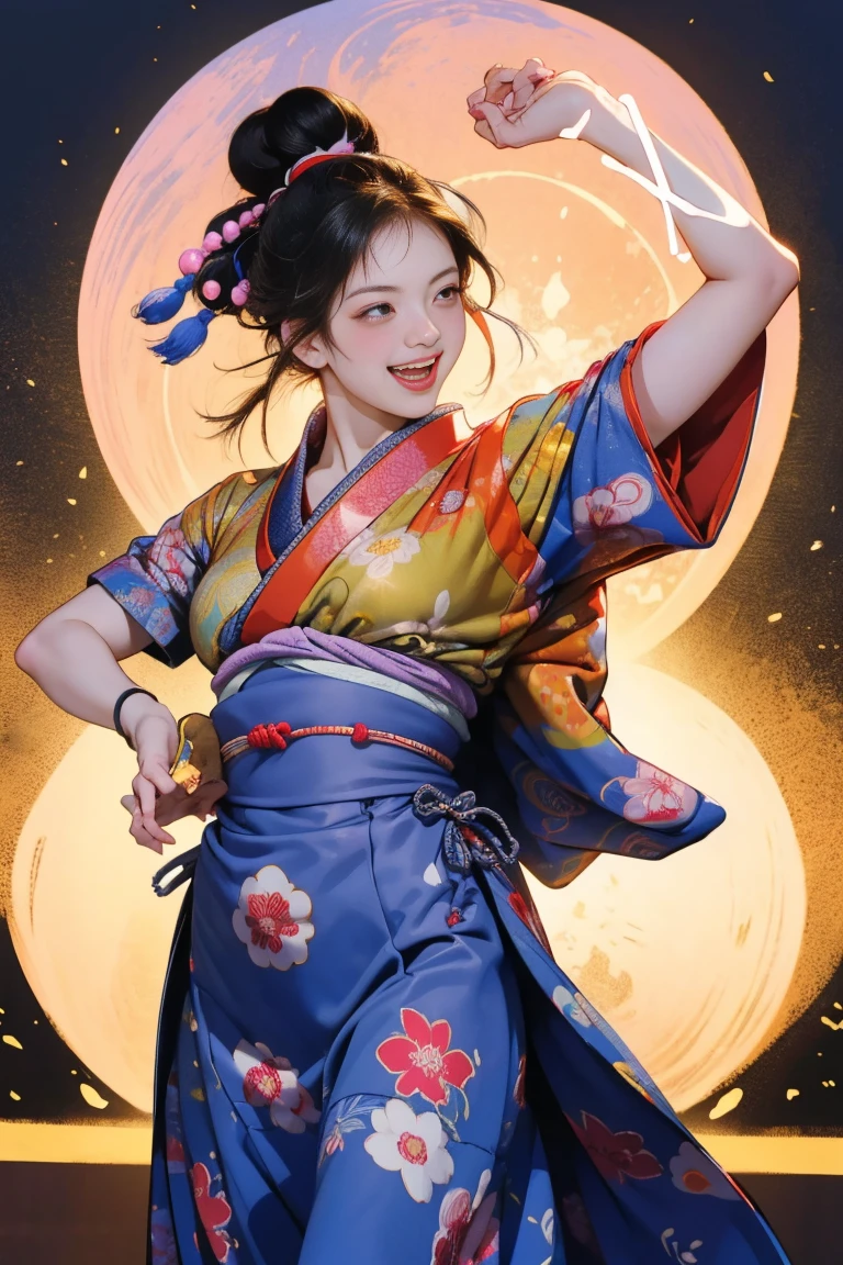 (Japan Bon Odori,最高masterpiece,Highest quality), Hot August,Bright vibrant anime art,People of all ages and genders dance and dance, Dancing in yukata,Laughing and dancing, Showing white teeth,Men and women dance in a circle, masterpiece,Highest quality,High resolution,