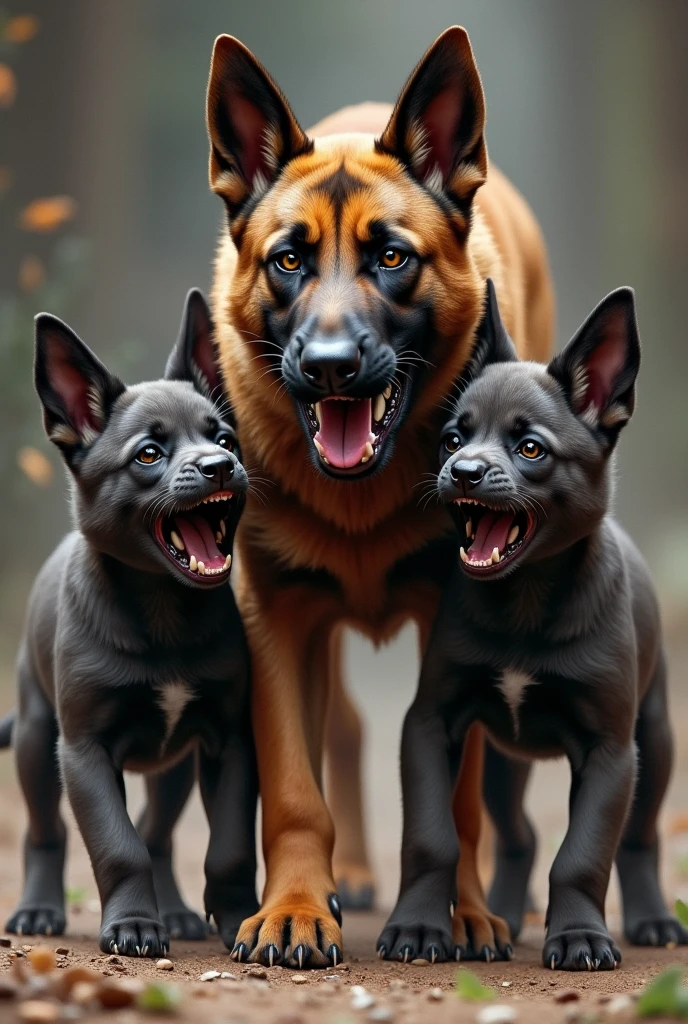 1 mother brown Belgian malinois ang 2 big puppy and 1 bigger puppy dark gray angry