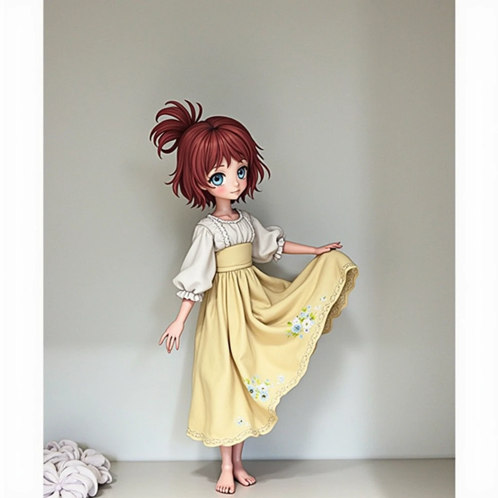 Using the female Saotome Ranma prototype, make a girl,Clear contours, Colorful full body photos, (Beautiful and delicate eyes), (pretty face:1.3), childish face, Red short hair with single ponytail, (Bangs), bumpy Bangs, blue gray eyes, big eyes,Big breasts,White long-sleeved shirt(fine lace),Yellow chiffon wide-legged high-waisted loose and elegant nine-point pleated skirt(Practical:1.2),(Floral Print), (The actual upper and lower body clothes are:3.7 scale),Face the camera head-on,One foot is slightly bent against the calf of the other leg。