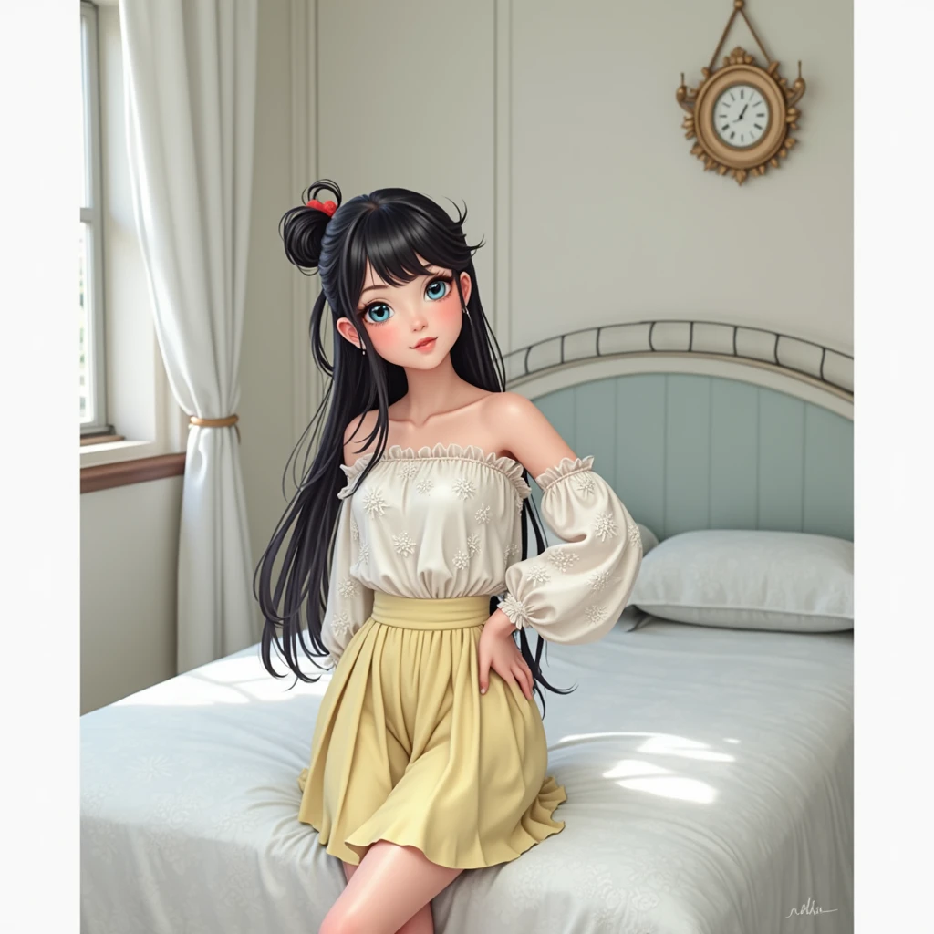 Using the female Saotome Ranma prototype, make a girl,Clear contours, Colorful full body photos, (Beautiful and delicate eyes), (pretty face:1.3), childish face, Red short hair with single ponytail, (Bangs), bumpy Bangs, blue gray eyes, big eyes,Big breasts,White long-sleeved shirt(fine lace),Yellow chiffon wide-legged high-waisted loose and elegant nine-point pleated skirt(Practical:1.2),(Floral Print), (The actual upper and lower body clothes are:3.7 scale),Face the camera head-on,One foot is slightly bent against the calf of the other leg。