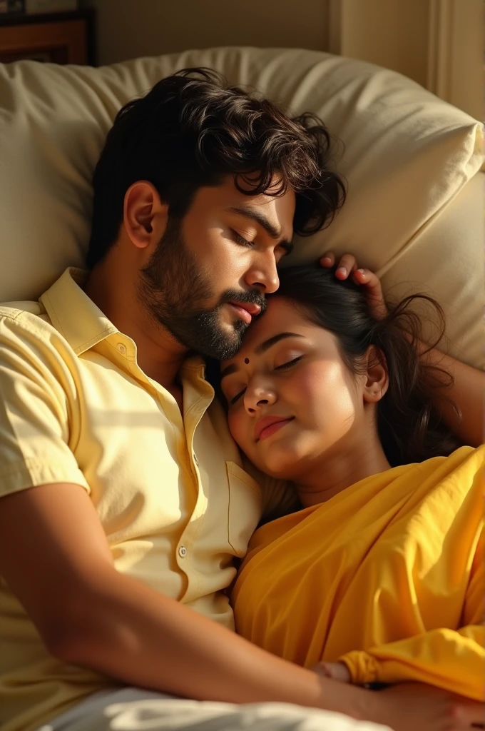 Man laying on his wife's lap while the wife running her hand in his hairs, mens eyes closed, men sleeping, women in yellow saree , men in light yellow shirt and white pants