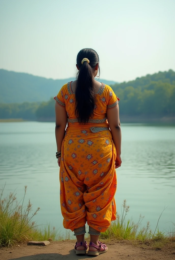 1 Indian chubby girl  in  coordset in the motisagar lake india tonk  with a back profile real image 