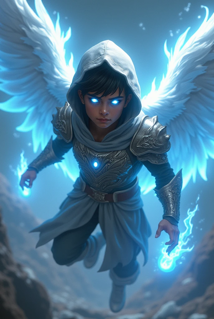  (Guerrero joven with ala angelicales) with (Pair of white eyes ) (with un punto ????? en el medio de cada uno) and (These eyes shine, it has a hood) ( alas with estela azul) (masculine) ( levitating) (Celestial Warrior Armor) (mixed skin color) ( in fighting pose) (Latin ethnicity) and un aura azul and blanca