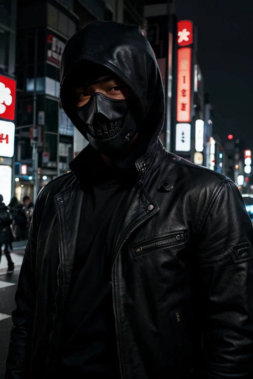 Man in a black leather jacket, in a skull mask, location tokyo