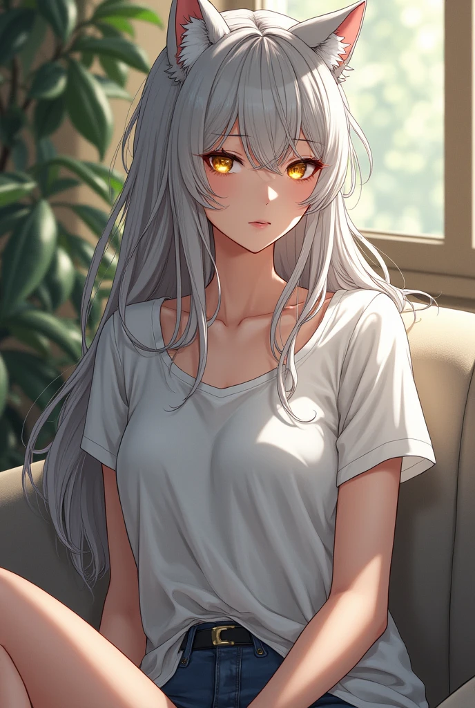 Demi-Human, wolf, female, Long silver hair is a little messy, Gold eyes, anime, white skin, white t-shirt, Clothes are loose, sit on the couch 