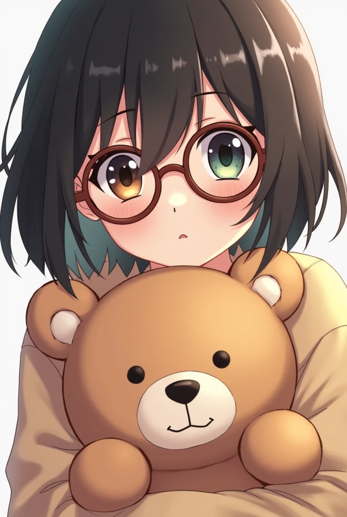 Odd eyes, short black hair, brown-rimmed round glasses, woman, anime illustration, holding a teddy bear
