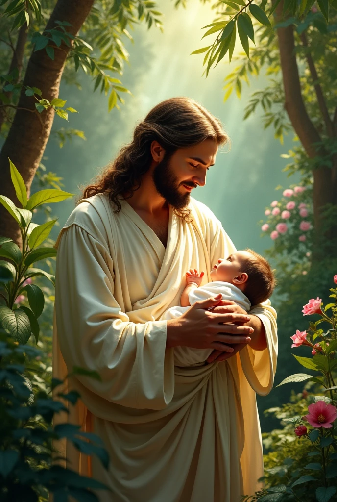Jesus in a tropical garden with a baby in his arms