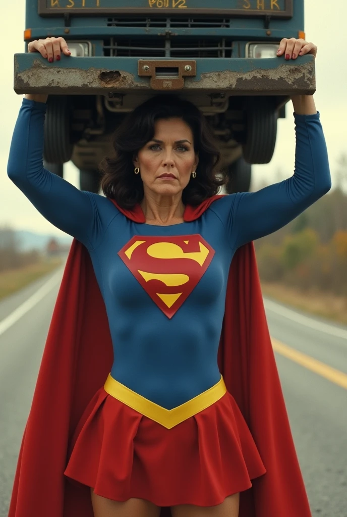 (((very beautiful old Supergirl (((1980s costume))) Julie Hagerty(((dark-haired, large-breasted woman in her 50s)))) Super woman Julie Hagerty; confident, powerful, indestructible, attractive; big and firm chest; strong breasts; arms crossed, levanta facilmente um a a a truck, of a size proportional to reality, on the road sobre sua cabeça; arms of a strong woman. HD. Photograph, ((realism)), extremely high quality RAW photograph, ultra detailed photograph, sharp focus, high resolution, (detailed skin:1,3),high quality, film grain, Fujifilm XT3,Highly Detailed, movie, (Cinematic Photo:1.3) of (Realistic:1.3)