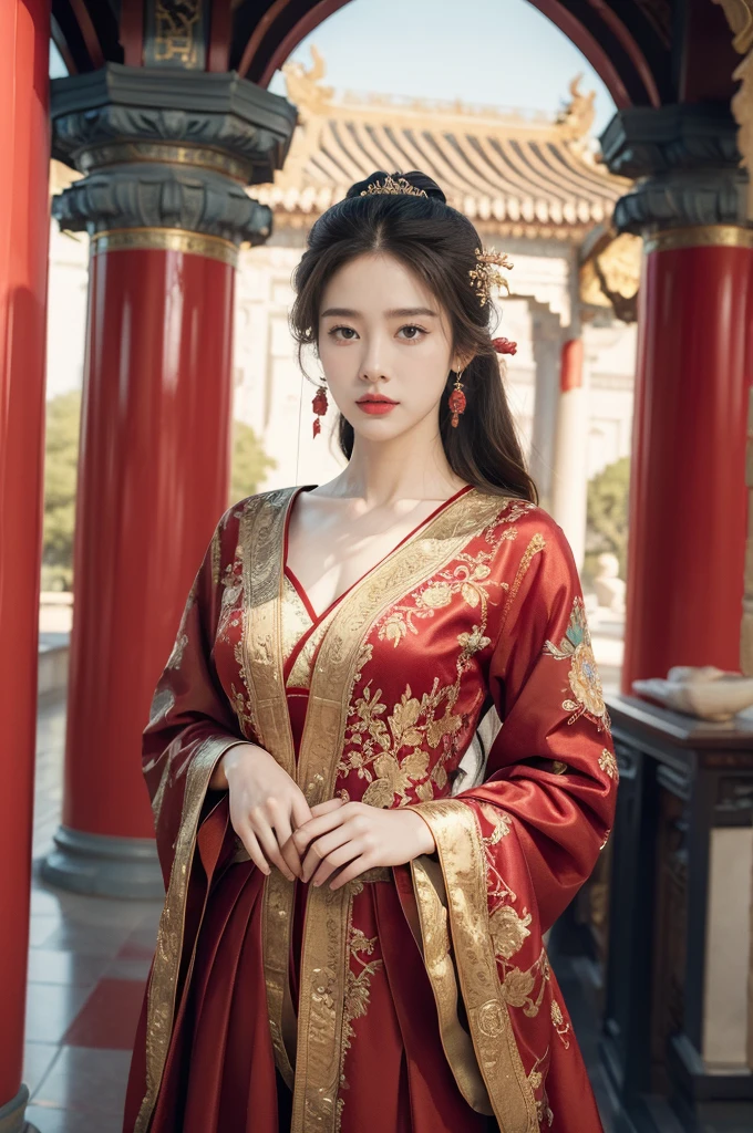(((best quality))),(((ultra detailed))),(((masterpiece))),illustration,1girl,red gown,Chinese palace,autumn,October,spacious square,magnificent,intricately-embroidered,confident,graceful,striking contrast,deep blue sky,work of art,intricate patterns,designs,awe-inspiring,grandeur,majesty,columns,arches,intricate details,craftsmanship,square empty,serene expression,vision in red,beauty,perfect day,perfect year
