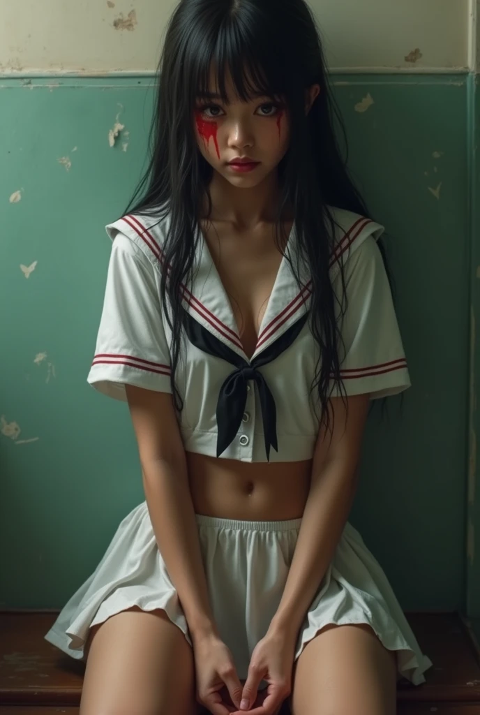 1,4 realistic school girl skimpy school uniform asian no bra shows breasts, shows hair. dark skin hurt face, beautiful, black braided long hair, crying and very (hurting), full body, hands bound eyes down slave full in body, wear ONLY very short soaking wet white skirt