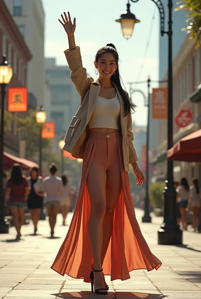 a young woman long black ponytale hair, wear outfit jacket with shawl neck, long skirt dress clothes, wear high shoes, standing while raise right hand up on middle between people as fans him, natural, sweetly smile, happiness, actress movie hollywood, lighting pole lamps, real hyper realistic, real human japanese, UHD 8k, detailed photo, perfect face, detailed places, landscape, full body, photo was taken from a distance on outdoor sidewalk the building of the california city