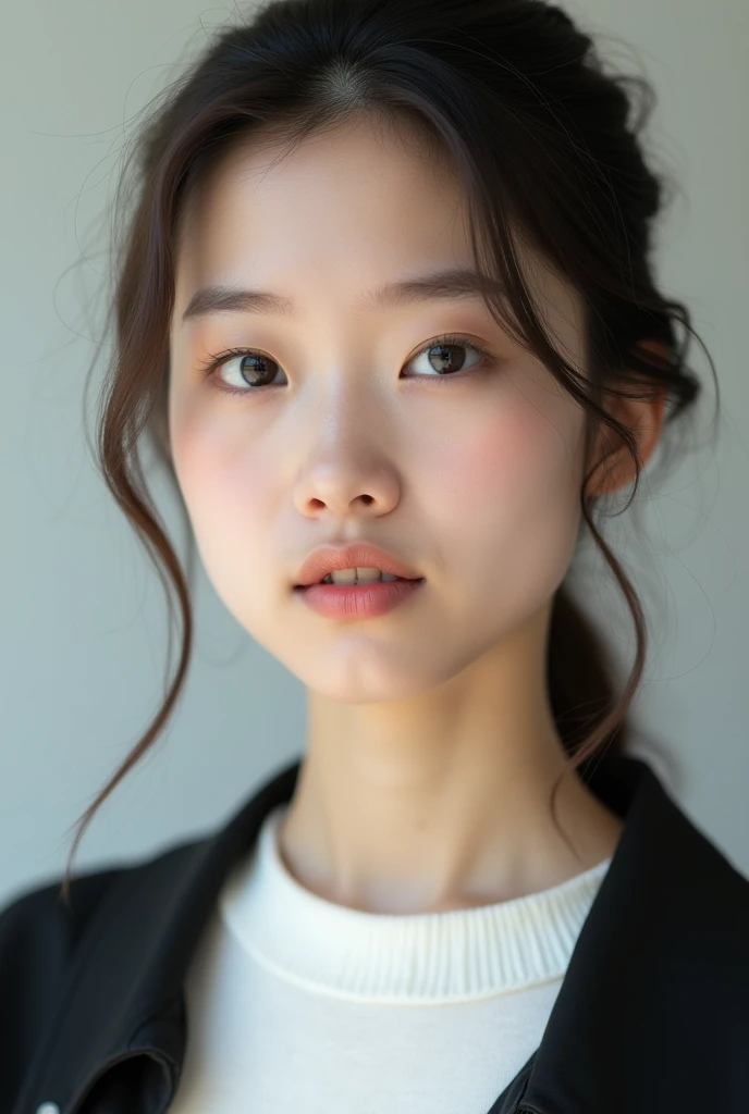 a close up of a woman with a White sweater and a black jacket, White sweater, wearing a White sweater, Clear lips and high quality, kiko mizuhara, A lovely and delicate face, Pale, thin lips, chiho ashima, Wear a sweater, カジュアルなWear a sweaterいる, White skin!!, With a cute - lovely - face, Wear a sweater, Attractive neck