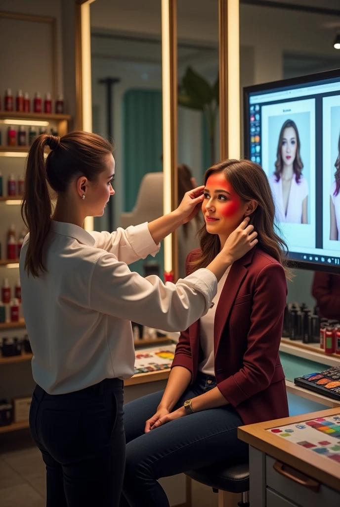 "Create an image that represents the &#39;Color Testing and Case Studies&#39; module of a personal color consulting course. The central scene should show a personal color consultant performing a color test on a client., using colorful drapes in varying tones around the client&#39;s face. The consultant, professional and safe, is in a well-lit and elegant environment, with large mirrors, coloring tools and an organized color palette in the background. in the environment, screens or boards display case studies, presenting before and after results from previous clients, highlighting how the right colors transform appearance. The client in the image may initially appear uncertain., but as the test progresses, your expression should change to one of confidence and satisfaction, reflecting the positive impact of the process. The consultant é retratada como experiente e precisa, Conveying trust and credibility. The image should capture the importance of the practice, accuracy and reliability in the color testing process, showing how these skills are fundamental to a successful personal color consultant."

A woman serving another woman