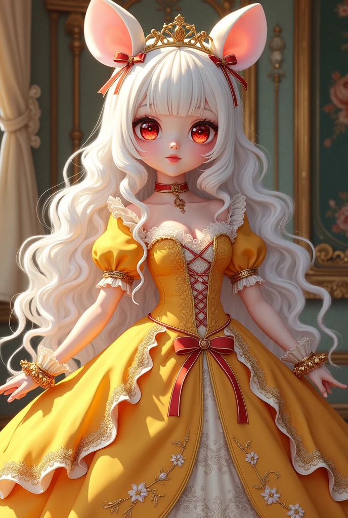 (best quality,4k,8k,highres,masterpiece:1.2), ultra-detailed, Pretty albino girl has a princess, drawn in 2D anime style, steampunk, wearing a yellow princess gown with puffy sleeves, steampunk, gorgeous frilly dress design,flowing gown,elaborate lace details,rich textures,contrast stitching,delicate ribbon bows, fish scales pattern accents, flowers embroidery, full skirt,short sleeves,fitted waistline,flared cuffs,lace-up back,luxurious fabrics,flawless silhouette, long curly white hair and red eyes, white fur, smiling, mouse ears and tail, ribboned high heels, white elbow evening gloves, gold bracelets, tiara made of seashells, beautifully detailed lips with lipstick, long eyelashes, eyeshadow, seashell necklace, in a castle bedroom with intricate decoration and luxurious furniture, flower wallpaper, she is happily checking her new princess dress.