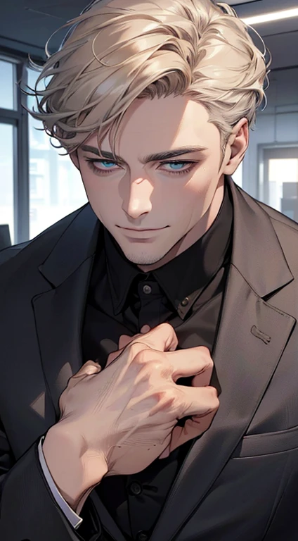 (best quality,4k,8k,highres,masterpiece:1.2),ultra-detailed,(realistic,photorealistic,photo-realistic:1.37),1 man,3,mature man,very handsome,without expression,smile,short grey golden hair,blue eyes,penetrating gaze,perfect face without errors,imposing posture,businessman,office background,cinematic lighting,hdr image