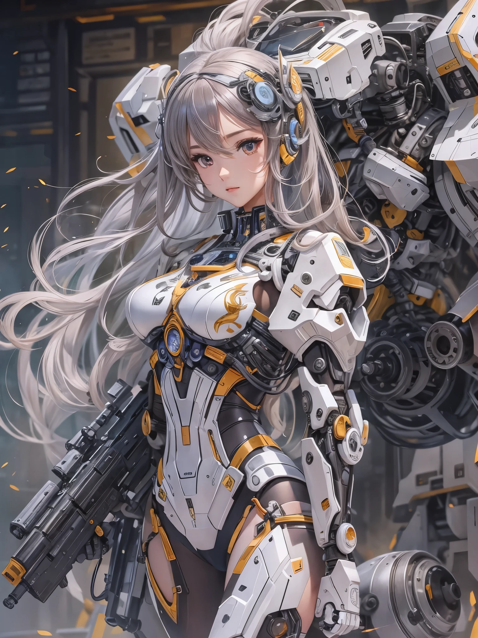 ((Highest quality)),(Ultra-high resolution),(Super detailed),(Detailed Description),((The best CG)),(masterpiece),Highly detailed art,(Art with precise detail:1.5), Female robot,Detailed mechanical body,Face masks,Mechanical Eye,Rifle of the future,