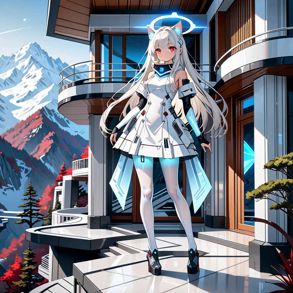 masterpiece, highest quality, highest resolution, clear_image, detailed details, white hair, long hair, 1 girl, cat ears, red eyes, futuristic halo, white sci-fi dress, white scarf (around the neck withn a light blue glow), white pantyhose, full body, no water marks, no panties, in mountain villa, holding an hk416