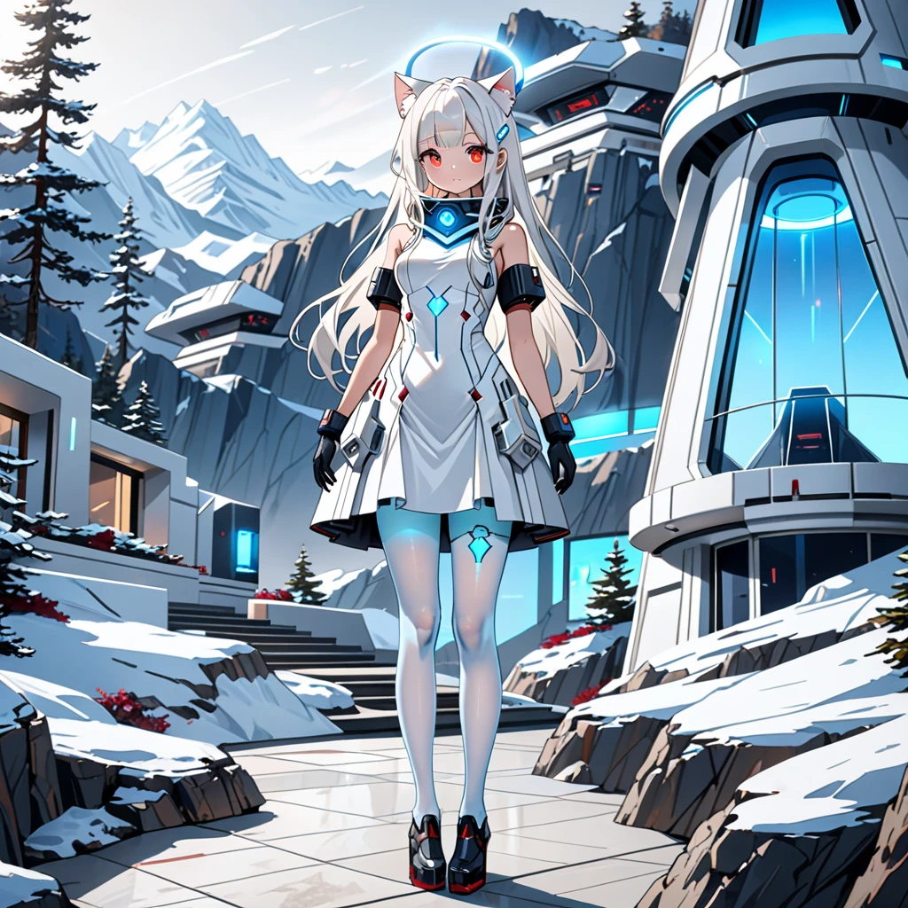 masterpiece, highest quality, highest resolution, clear_image, detailed details, white hair, long hair, 1 girl, cat ears, red eyes, futuristic halo, white sci-fi dress, white scarf (around the neck withn a light blue glow), white pantyhose, full body, no water marks, no panties, in mountain villa, holding an hk416