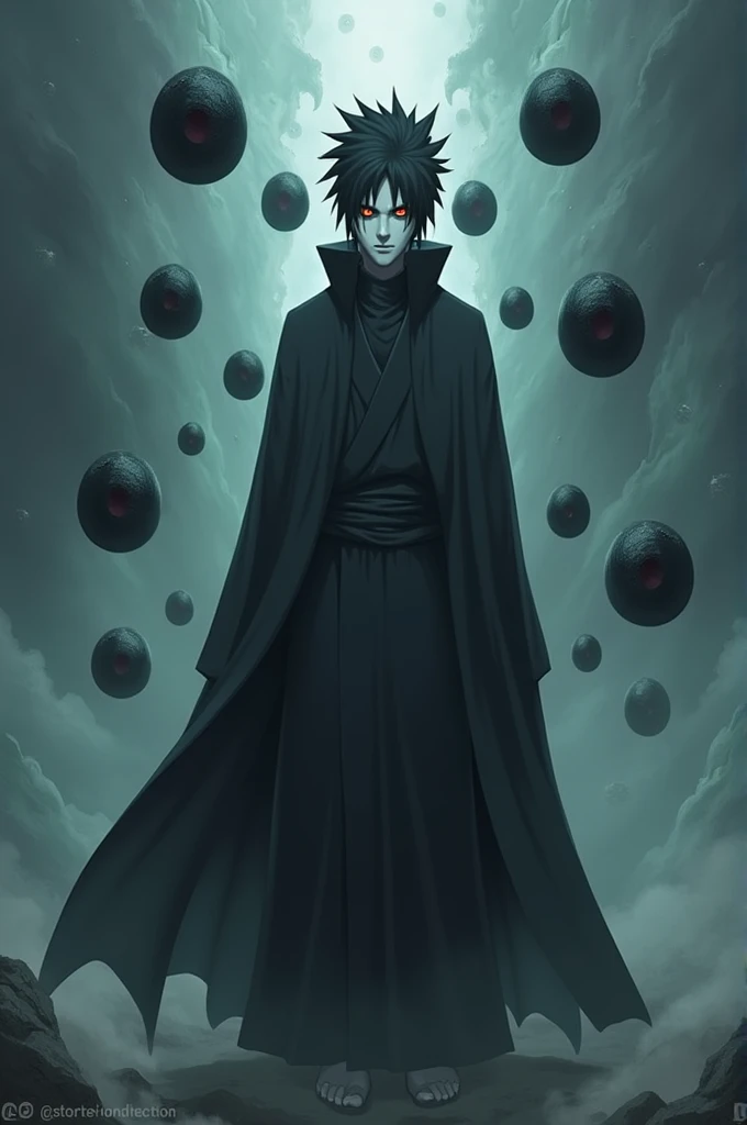An Outsusuki from the Naruto universe from the Outsuki clan with white skin, coarne negre, the cacugan instead of eyes is an adult and has ten black balls behind it