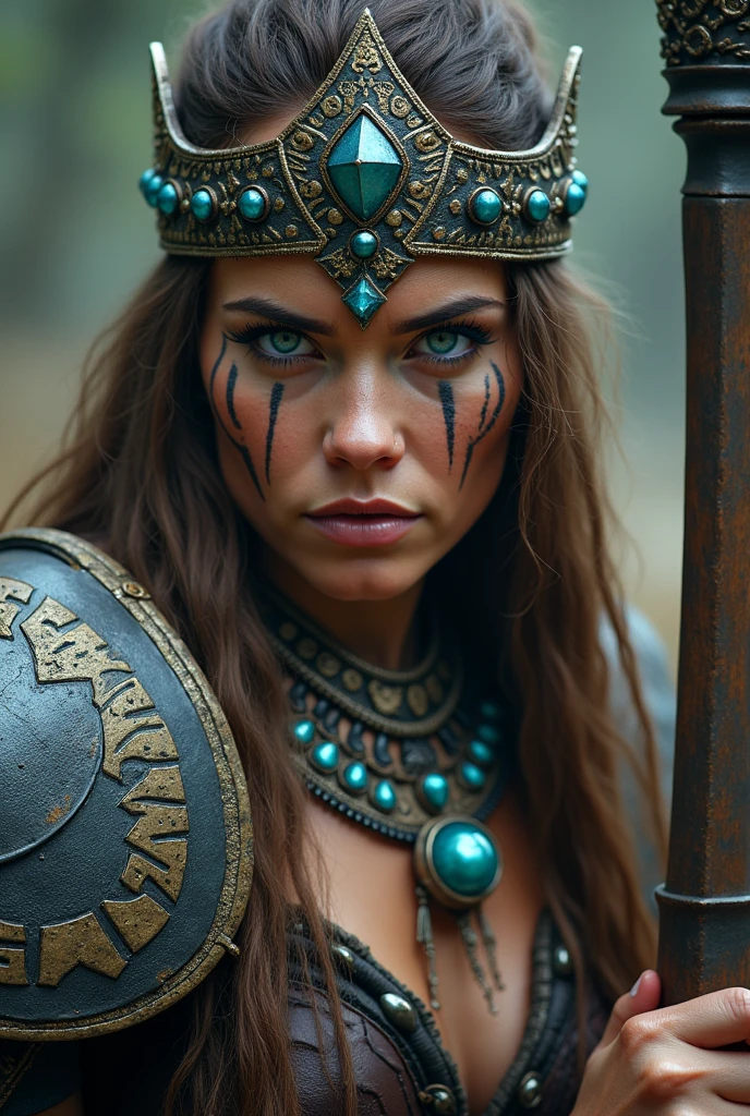 Viking warrior close-up, ax , Woman, blue eye rays, big queen crown on the head , necklace stones around the neck, tribal tattoo on face, Angry